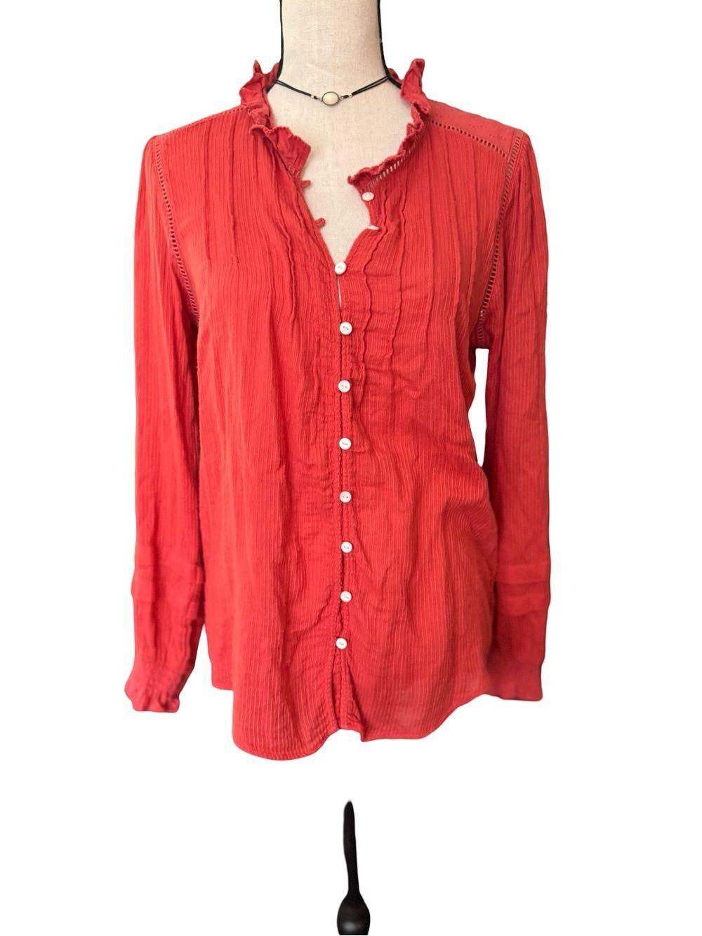 Faherty Willa Organic Cotton Ruffle Blouse Medium Coral Red Button Front Boho
